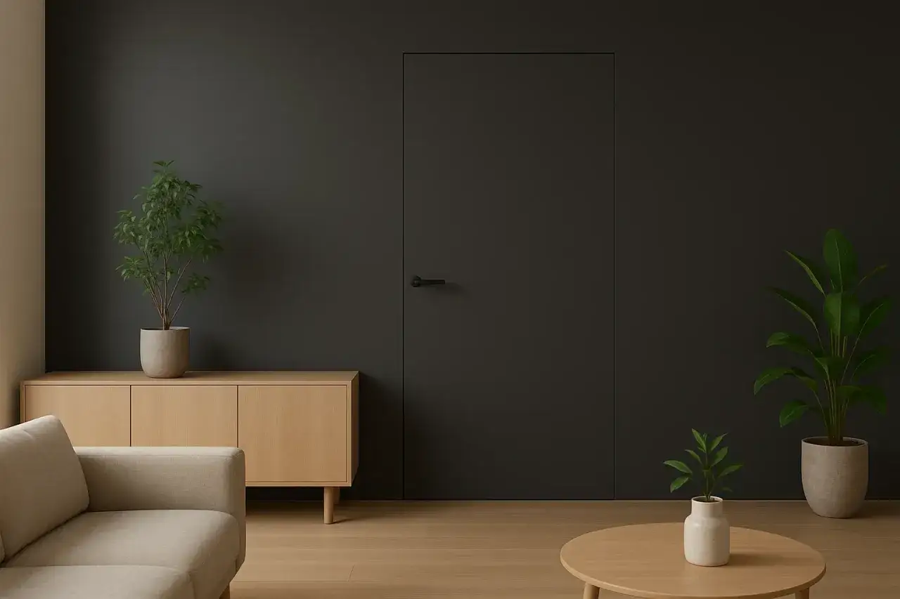 Minimalistyczny salon z ciemną ścianą, w której dyskretnie ukryte są drzwi. Jasna komoda i sofa tworzą przytulną przestrzeń.