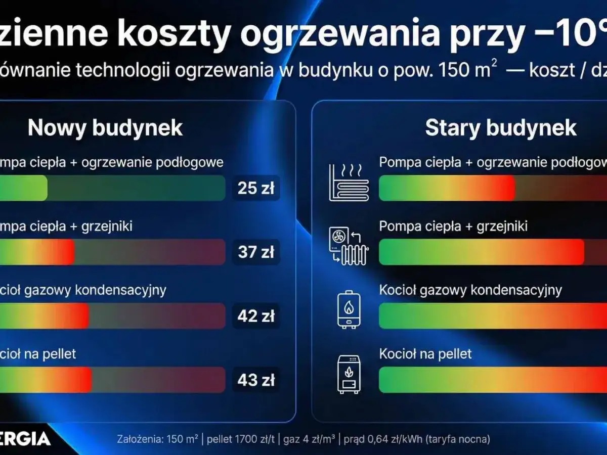 Porównanie kosztów ogrzewania domu 150 m² przy -10°C. Sprawdź, jakie ogrzewanie do domu będzie najtańsze: pompa ciepła czy kocioł gazowy.