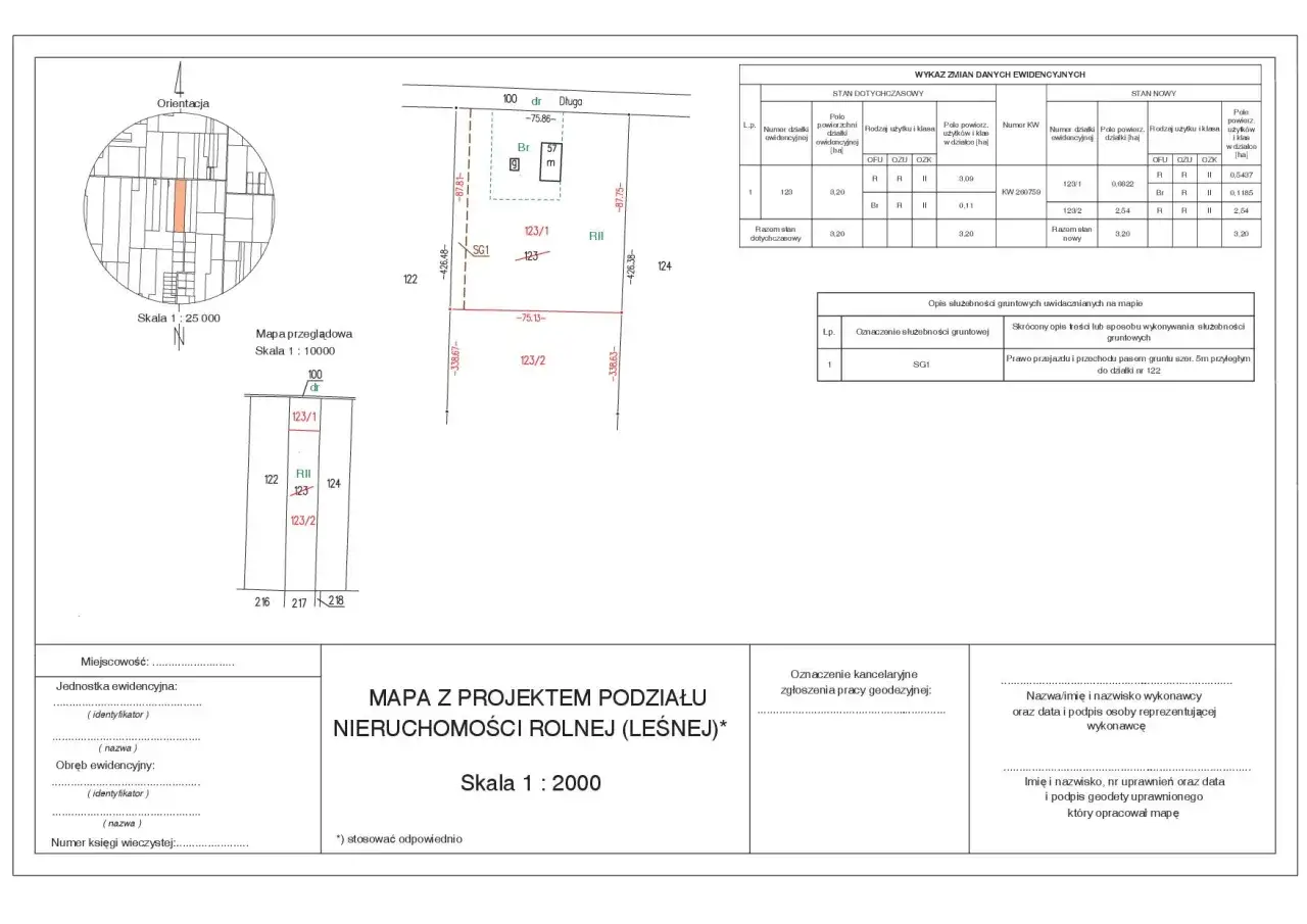 Mapa z projektem podziału nieruchomości rolnej z zaznaczoną służebnością gruntową SG1 - prawo przejazdu i przechodu.
