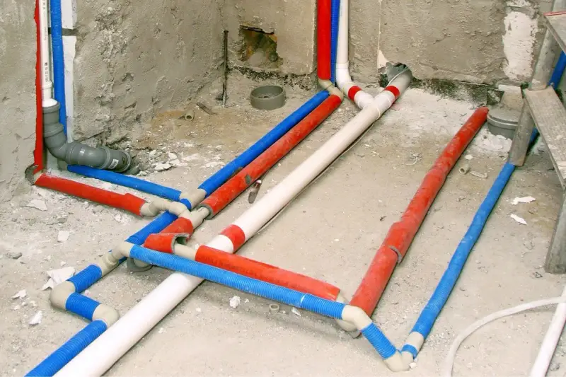 Skomplikowana instalacja wodna w domu, z rurami czerwonymi, niebieskimi i białymi, przygotowana do ukrycia pod tynkiem.