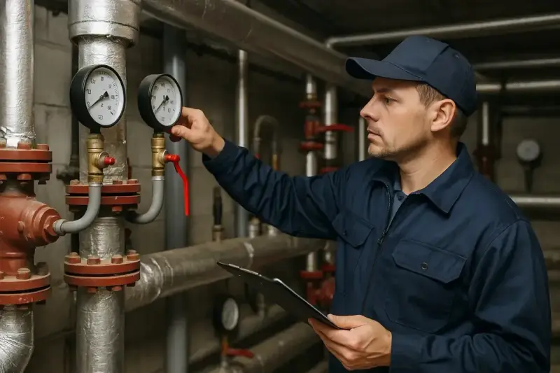 Technik sprawdza ciśnienie na manometrach, przygotowując instalację, kiedy zaczyna się sezon grzewczy.